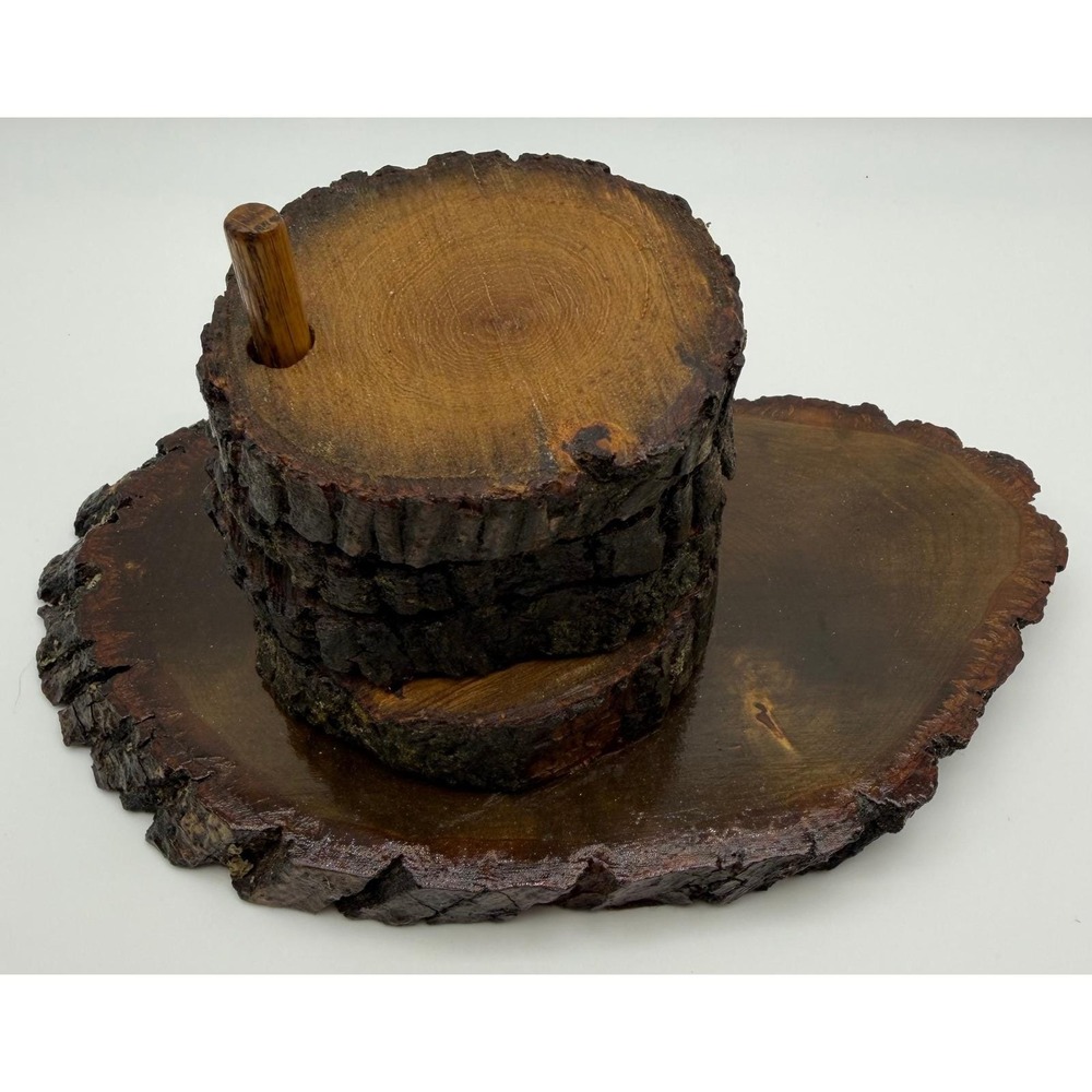 Vintage Live Edge Wood Coaster Set with Bark Edge & Pegged Storage Base 5 Piece